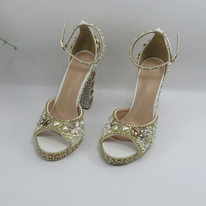Luxury cyrstal wedding shoes with matching bags woman fashion Thick heel Women party dress shoes Fish beak Women shoes