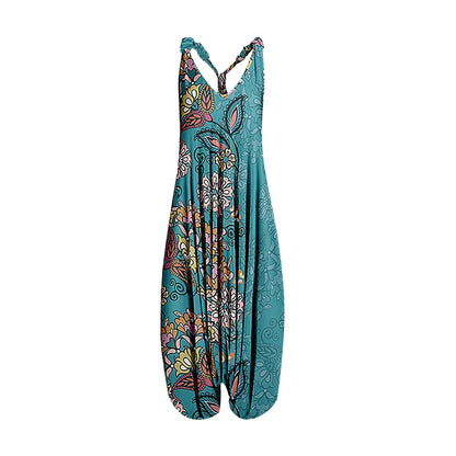 Wide Leg Bohemian Loose Overall Jumpsuit Ethnic Mandala Vintage Paisley Printing Women Rompers Backless Harem Bloomers Playsuit