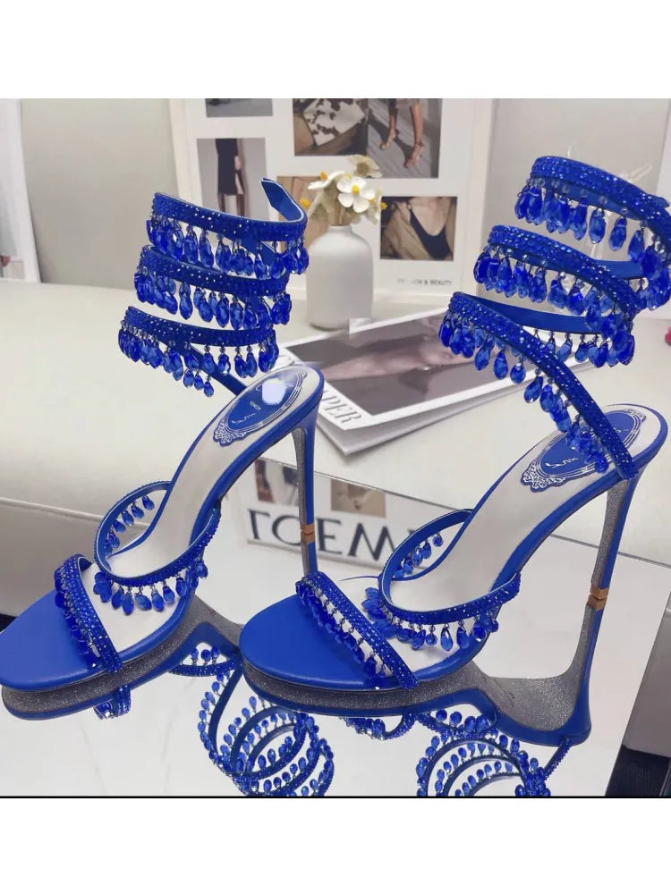 2026Women's New Water Diamond Sandals Fashion Tassel Crystal Shoes Sexy Banquet Party Twin Stiletto Women's Large Sandals