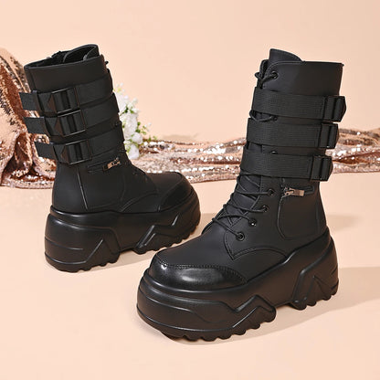 Punk Style Thick Bottom Women's Black Short Boots Side Zip Buckle Straps Platform Shoes for Women Zapatos De Mujer Size 35-42