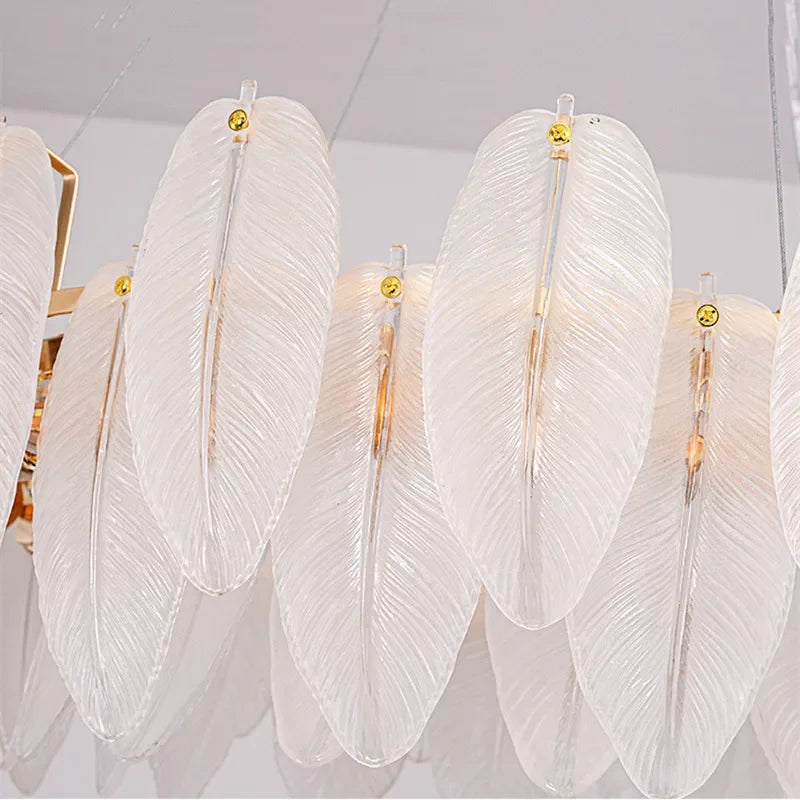 Luxury Villa Led Chandelier Feather Glass Gold Metal for Living Dining Table Room Bedroom Pendant Lights Home Decor Lustre Lamp