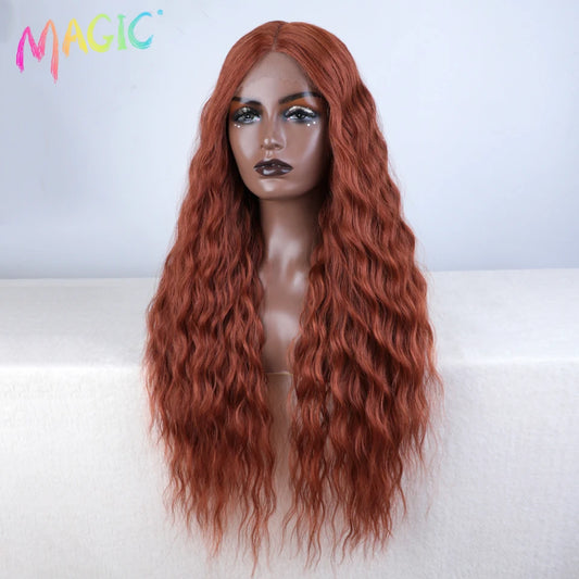 Magic Synthetic Lace Front Wig Long Deep Wavy 30 Inch Ombre Blonde Ginger Lace Wigs For Black Women Heat Resistant Cosplay Wigs