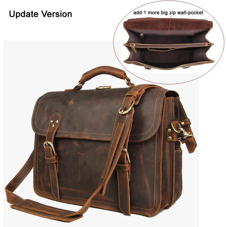 Vintage Crazy Horse Genuine Leather Men Briefcase Large Business Bag Tote Office Bag 15.6“Laptop Case Attache Male Shoulder Bag
