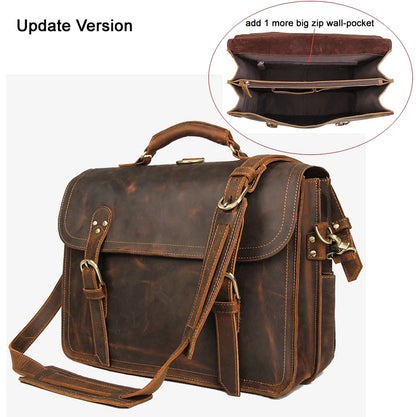 Vintage Crazy Horse Genuine Leather Men Briefcase Large Business Bag Tote Office Bag 15.6“Laptop Case Attache Male Shoulder Bag