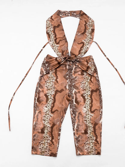 Weird Puss Sexy Backless Playsuit Woman Summer Trend Serpentine Print Halter Low-Neck Skinny Stretch Midnight Club Party Rompers