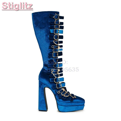 Blue Velvet Irregular Buckle Knee-high Boots Pointed  Toe Side Zipper Chunky High Heels Boots 2026 Summer New Women Punk Shoes