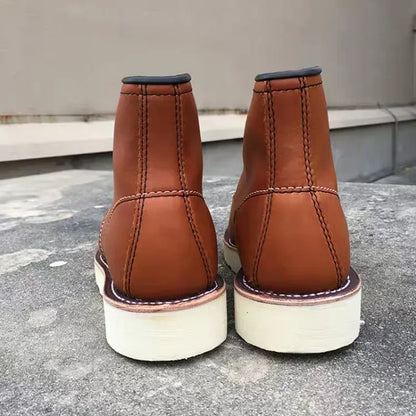 Men's Goodyear-Welted Vintage Genuine Leather Mid-calf Motorcycle Boots Round toe Casual Punk Dress Boots Work Shoes Western Red