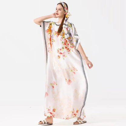 1 piece, colorful floral satin long dress, women's loose long dress, with the same color headscarf, fashionable beach robe