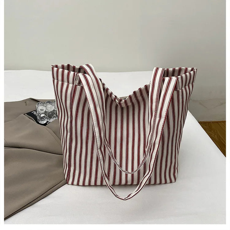 Contrast Color Stripes Women Shoulder Bags Versatile Ladies Large Capacity Tote Bag Lightweight Portable Female Shopping Handbag