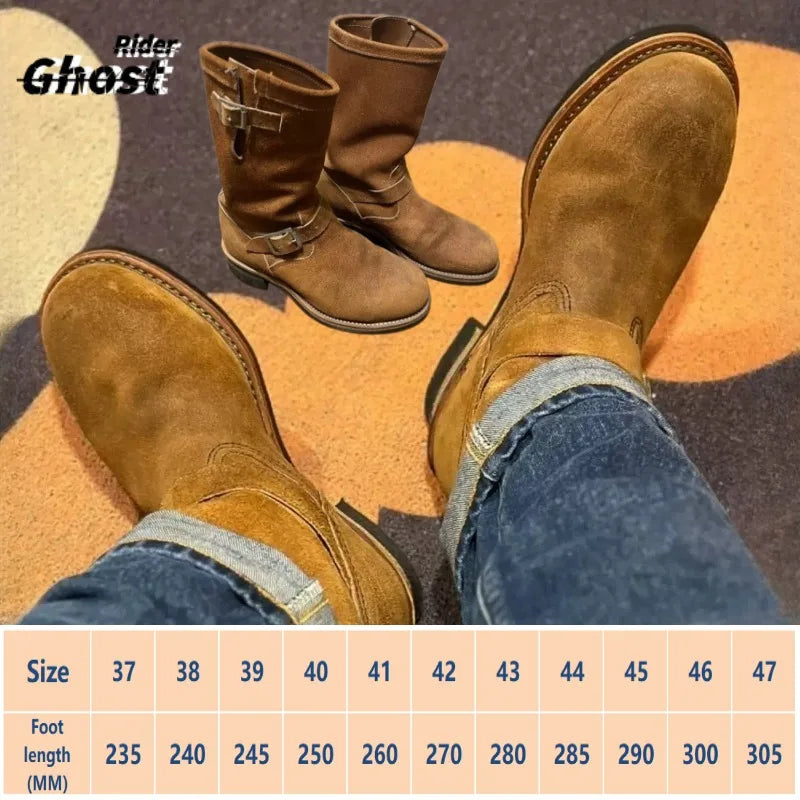 Dark Brown Suede Work Boots Men's and Women's Engineer Ort Shoes American Retro Moto Boots Faded Mid-Calf Shoes Motocross Boots