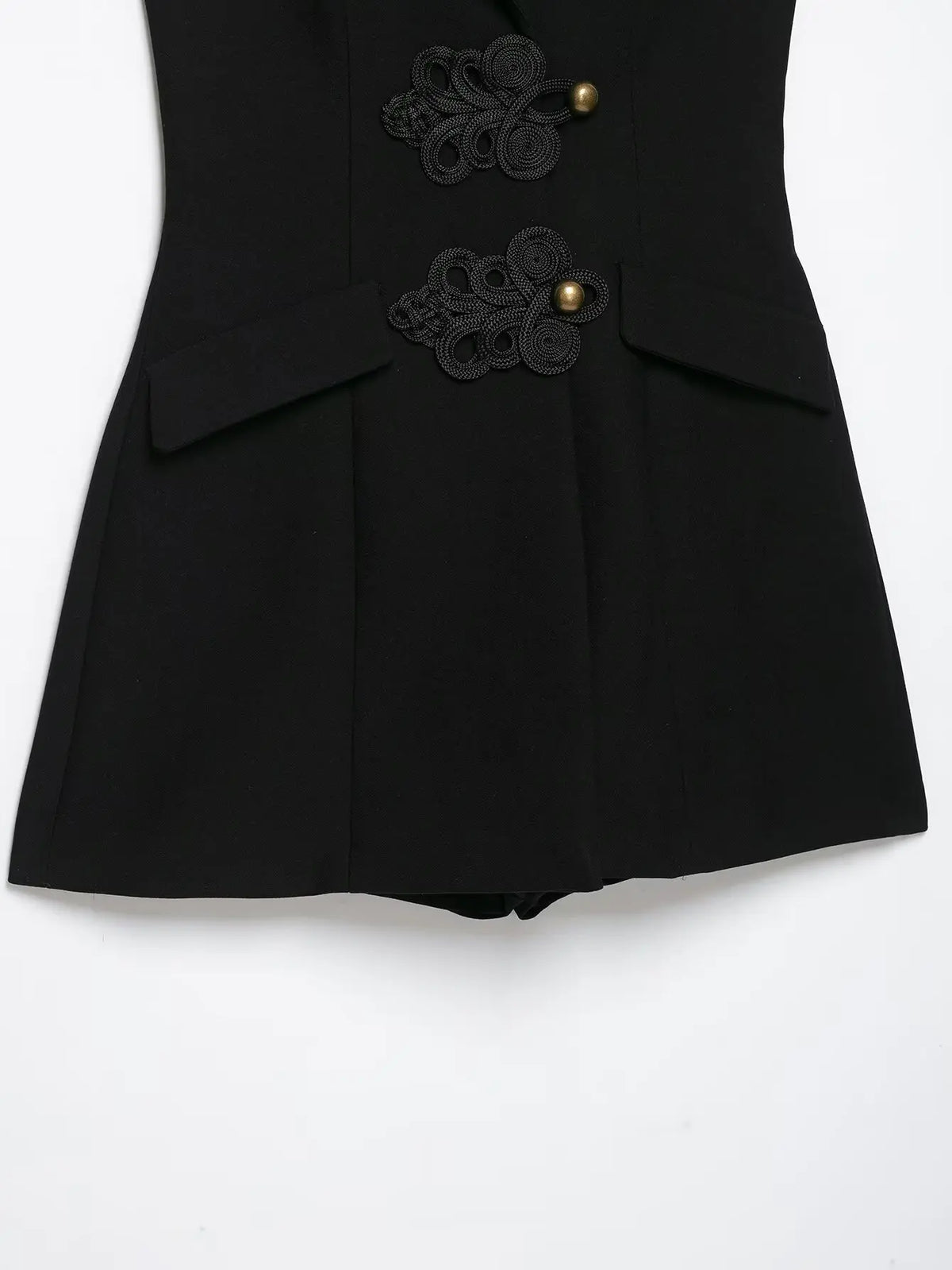 BSAY Women Black Halter Blazer Jumpsuit Lapel Collar Chinese Knot Buttons Sleeveless Slim Fit Short Rompers Elegant Party Outfit
