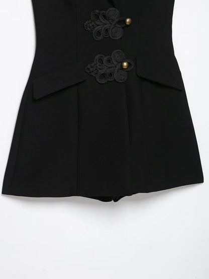 BSAY Women Black Halter Blazer Jumpsuit Lapel Collar Chinese Knot Buttons Sleeveless Slim Fit Short Rompers Elegant Party Outfit