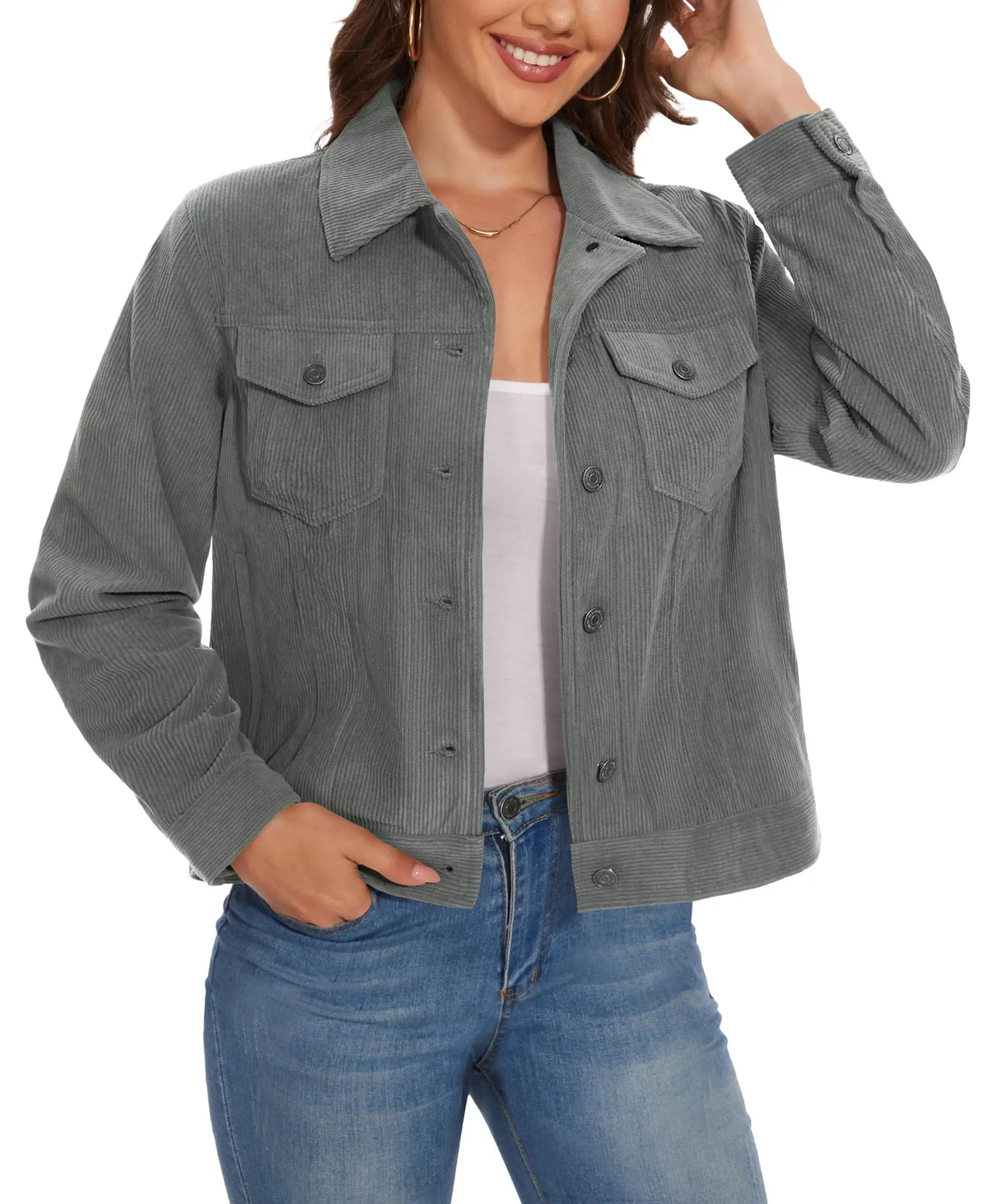 TACVASEN Fashion Corduroy Cargo Jackets Womens Button-Down Soft Warm Casual Outwear Lightweight 4 Pockets Outdoor Workwear Coats