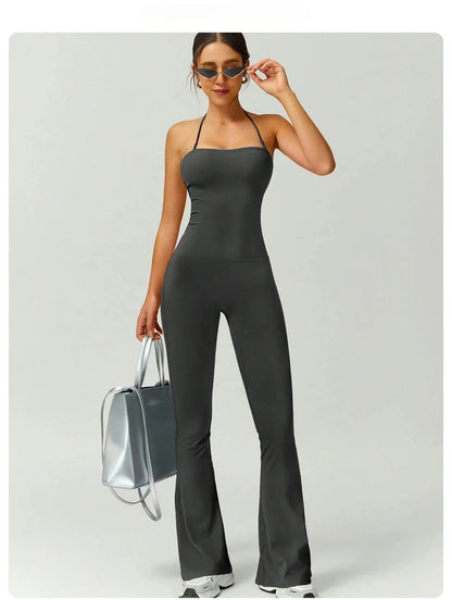 Female Sexy Backless Gym Jumpsuits Set Woman Training Yoga Flared Sportswear Woman Sports Clothes Fitness Elastic Training Suits