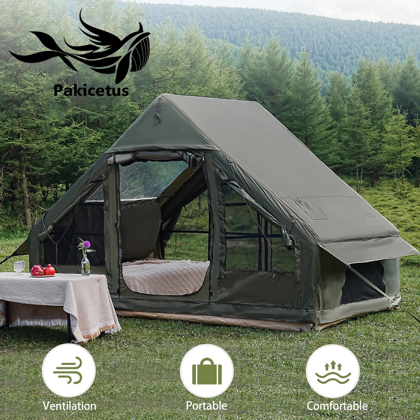 PAKICETUS Luxury Inflatable Camping Tent with Skylight Quick Setup Blow Up Tent with Air Pump 4-6 Persons Large Family Portable Outdoor Tent for Camping Hiking Backyard