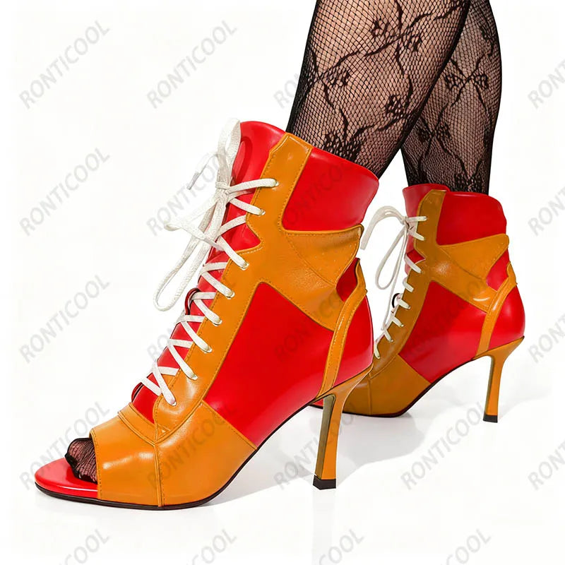 Ronticool Handmade Peep Toe Ankle Boots - Black and White Leather High Heel Shoes with Lace Up Design Size 36-43