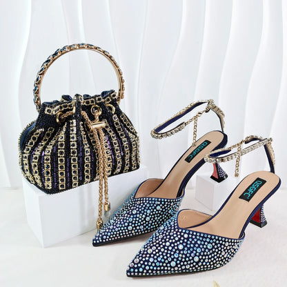 QSGFC New Gold Glitter Fabric Pointed Toe High Heels With A Variety Of Shapes Of Rhinestones Fashion Party Ladies Shoes And Bag