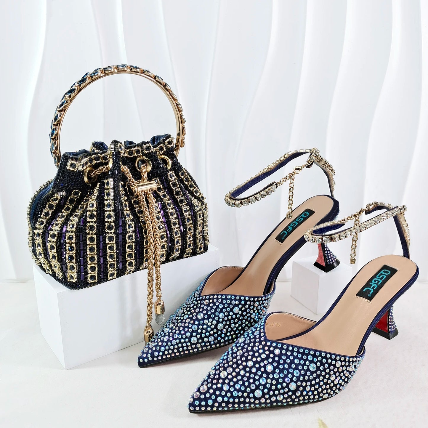 QSGFC New Gold Glitter Fabric Pointed Toe High Heels With A Variety Of Shapes Of Rhinestones Fashion Party Ladies Shoes And Bag