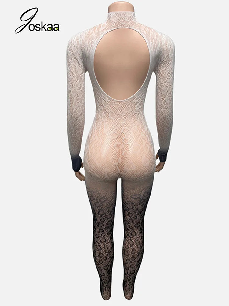 Joskaa Sexy Lace Backless Gradient Foot Jumpsuit Women Hipster O-Neck Full Sleeve Skinny Rompers Coquette Midnight Clubwear