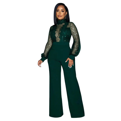 HBLL Women Sequin Lace Jumpsuit Elegant Long Sleeve Wide Leg Pants Sexy See Through Evening Party Outfits Jumpsuits With Belt