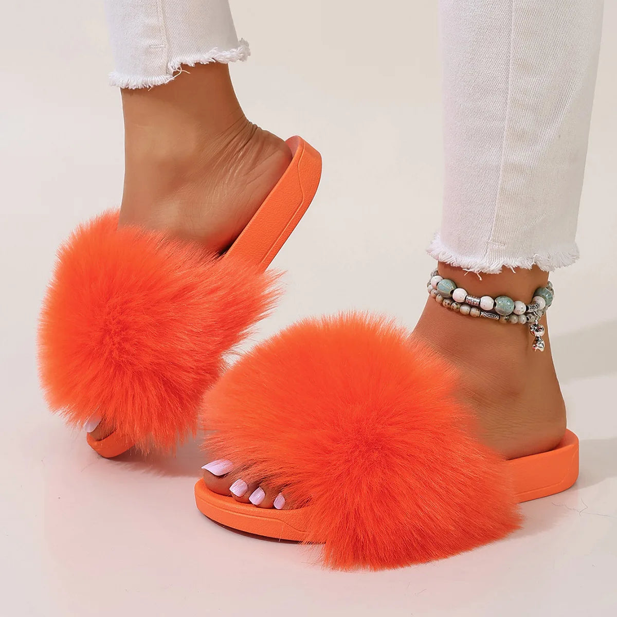 Fashion Fox Fur Slides Women Luxury Designer Summer Sandals Ladies Furry Lazy Slippers Fluffy Flip Flops Shoes Plus Size Shoes