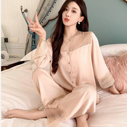 Women's Ice Silk Long-Sleeve Shirt and Full-Length Bottom Pajama Set Soft Warm Loungewear
