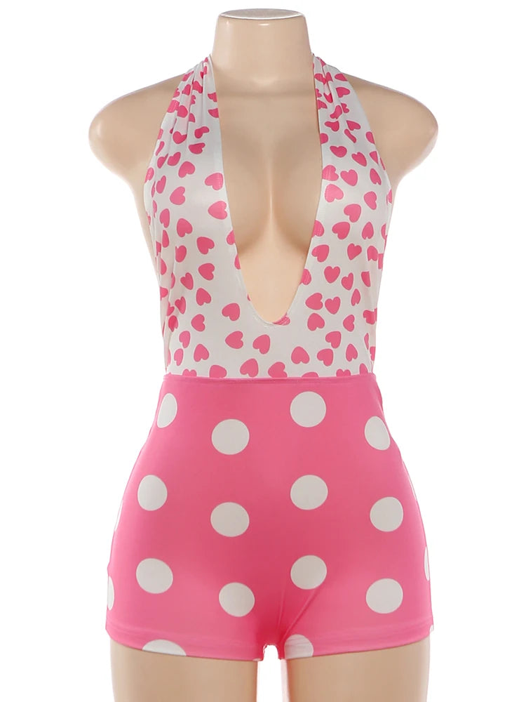 Weird Puss Polka Dots Print Patchwork Halter Backless Playsuit Summer Women's Suit Sexy Stretch Woman Jumpsuits and Rompers