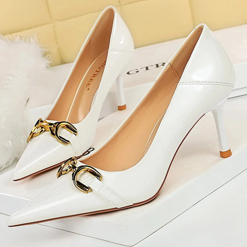Luxury Women Pumps Metal Belt Buckle High Heels Patent Leather Women Heels Stilettos Career OL Office Shoes Plus Size 41 42 43
