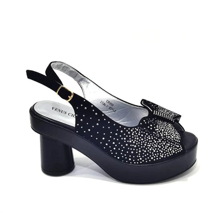 2024 Silver Fashion Square Heels with Platform African Women Shoes and Bag Set Full Crystal Pumps for Wedding Party