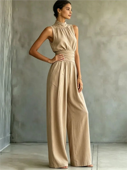Summer New Fashion Half Turtle Collar Sleeveless Women's Jumpsuit 2026 Elegant Slim Waist Shaping Wide Leg Female Rompers