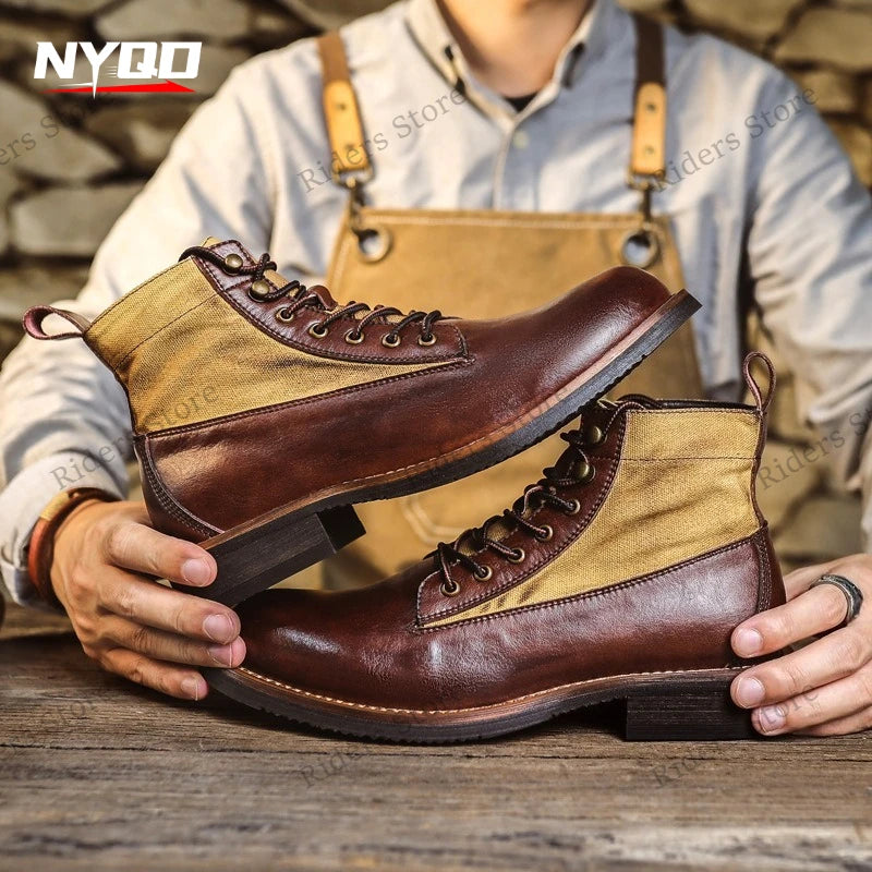 Men's Vintage Genuine Leather Motorcycle Boots, Round Toe British Style Work Ankle Boots