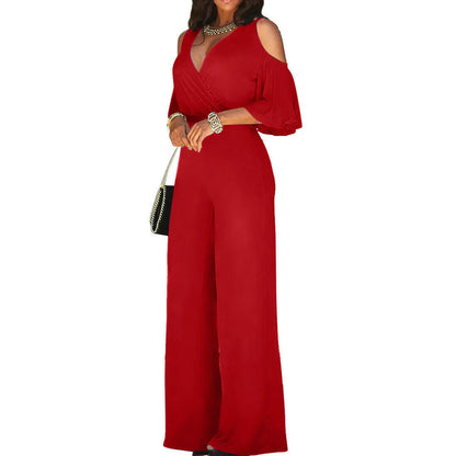 Jumpsuit Summer Pure Color Women Sexy Deep V Neck Short Sleeve Rompers Fashion Slim Fit Lace Up Elegant Female Wide Leg Jumpsuit