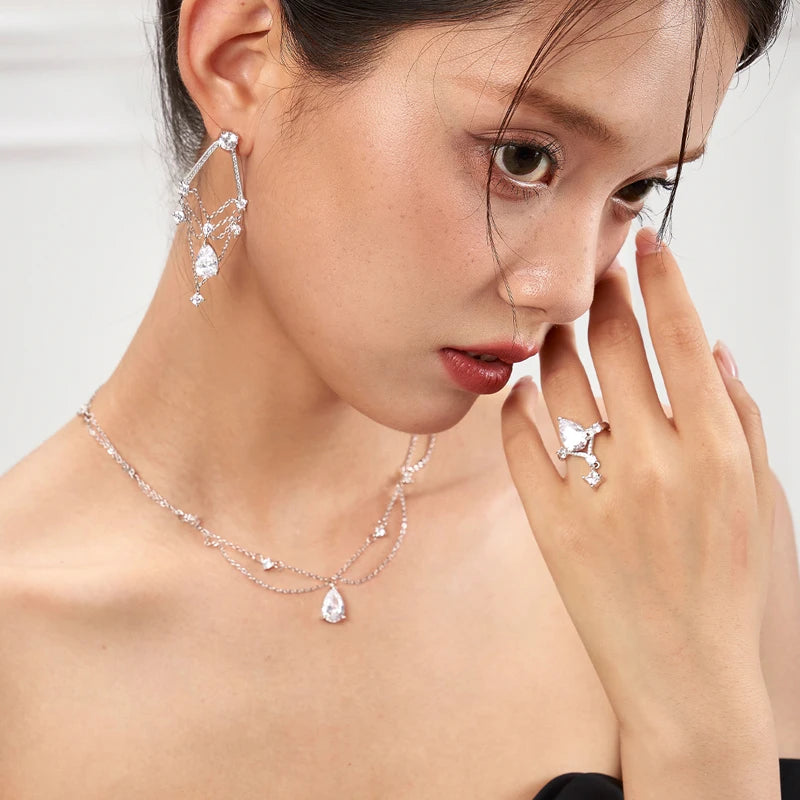 Luxury Sterling Silver Double-Deck Water Droplet Shape Women Choker AAA Zircon Chain Necklace Fine Jewelry Wedding Party Gift