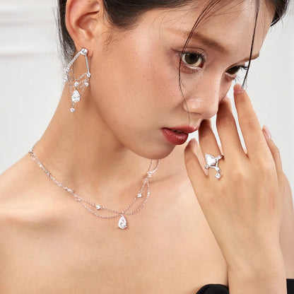 Luxury Sterling Silver Double-Deck Water Droplet Shape Women Choker AAA Zircon Chain Necklace Fine Jewelry Wedding Party Gift