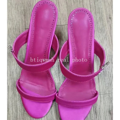 2025 Newest Rhinestone Sandals Woman Open Toe Pink Puple Luxury Satin High Heels Lady Sexy Muller Slippers