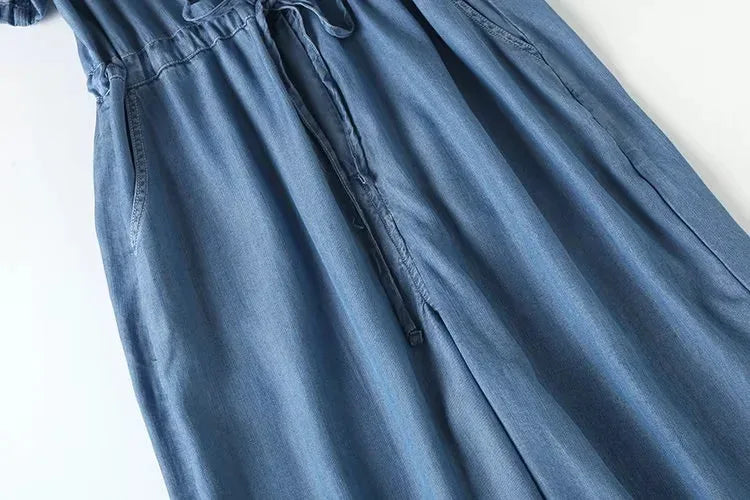 Jumpsuits Women Denim One Piece Turn Down Collar Short Sleeve Loose Casual Wide Leg Long Pants Overalls Tight Waist Rompers