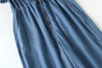 Jumpsuits Women Denim One Piece Turn Down Collar Short Sleeve Loose Casual Wide Leg Long Pants Overalls Tight Waist Rompers