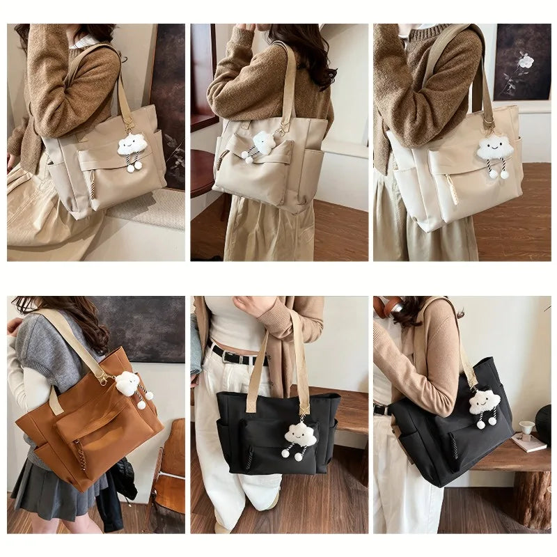 Multi Compartment, Zipper Closure, Women's Bags Large Capacity Japanese Style Tote Bag, Cute Plush Fixed Strap, Casual Elegance