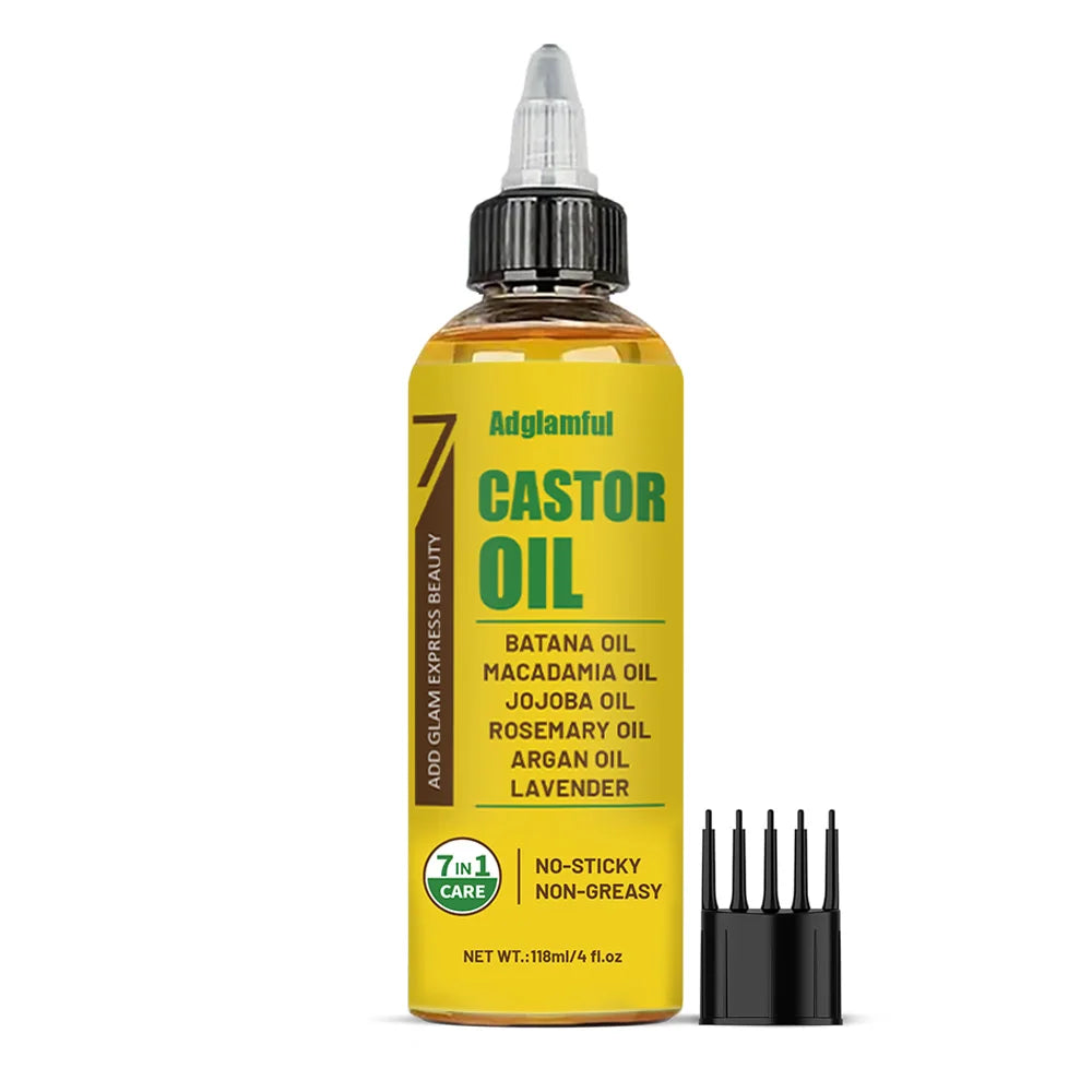 7-in-1 Hair Oil 118ml No-Rinse Set (Oil + Comb) – Castor, Rosemary & Lavender for Split Ends, Shine & Frizz Control