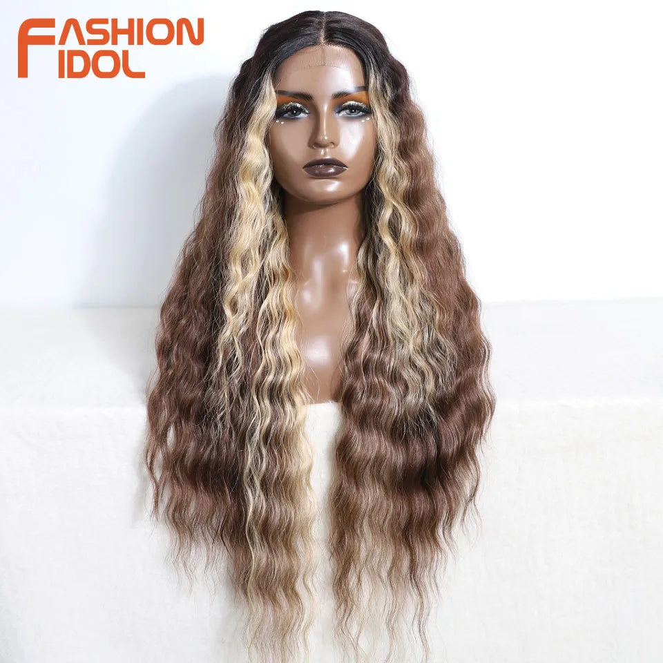 FASHION IDOL 30inch/75cm Water Wave Lace Wigs Synthetic Curly Lace Front Wigs Cosplay Ombre Blonde Hair Wigs For Black Women