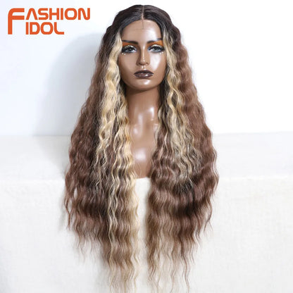 FASHION IDOL 30inch/75cm Water Wave Lace Wigs Synthetic Curly Lace Front Wigs Cosplay Ombre Blonde Hair Wigs For Black Women