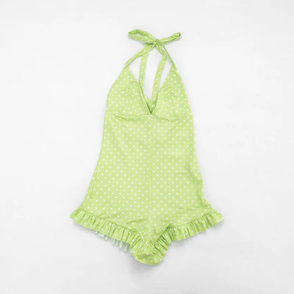 HLJ&GG Sexy Hot Girl Polka Dot Print Ruffle Bodycon One Piece Rompers Women Halter Backless Lace Up Playsuits Fashion Overalls