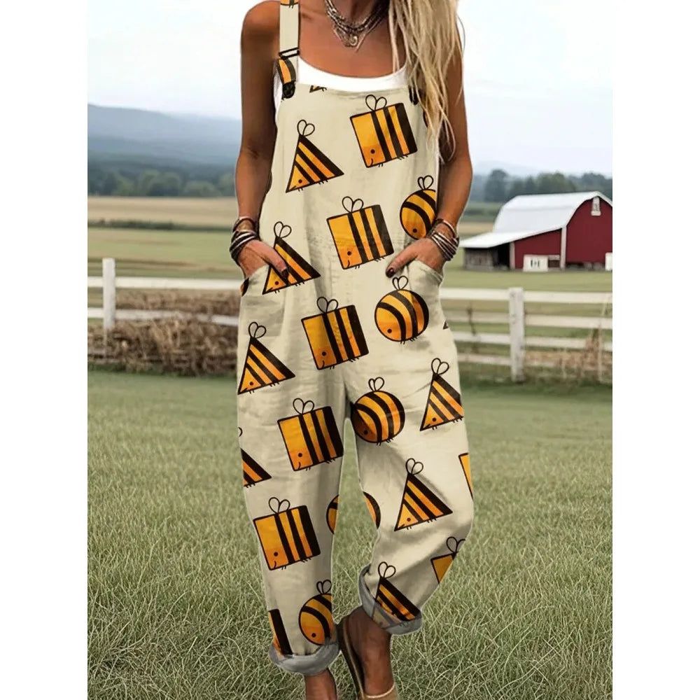 Relaxed Fit Women's Overalls with Cute Animals Patterns Fashion Jumpsuits Adjustable Design for Picnics and Country Outings