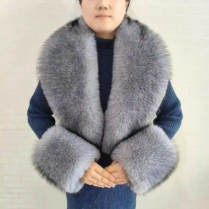 Large Women Faux Fox Fur Scarf Winter Jackets Warm Fluffy Shawl Fashion Artificial Fur Collar And Cuff Set Fluffy Scarves Female
