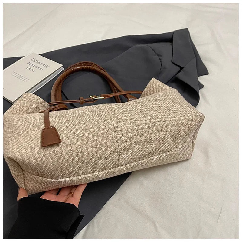 CLAREGQI  Women's Large Capacity Canvas Tote Bag, Leather Handle Shoulder Underarm Bag, Versatile Casual Commuter & Travel Handb
