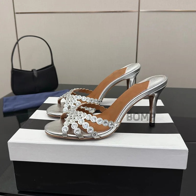 Fashionable Satin Pointed Toe Crystal High Heel Slippers Diamond Stiletto Sandals Luxury Sexy Design for Party Wedding Occasions