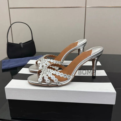 Fashionable Satin Pointed Toe Crystal High Heel Slippers Diamond Stiletto Sandals Luxury Sexy Design for Party Wedding Occasions