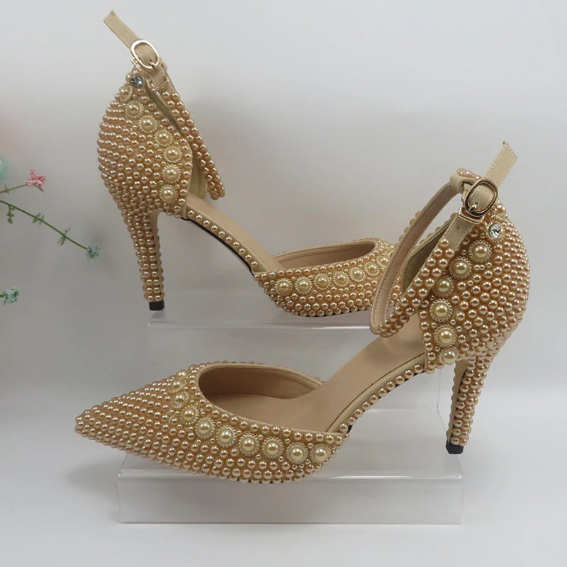 Champagne Pearl Wedding Bridal Shoes Woman Fashion Thin Heel Party Dress Shoe Lace-up Pointed Toe High Handmade Ankle Strap Shoe