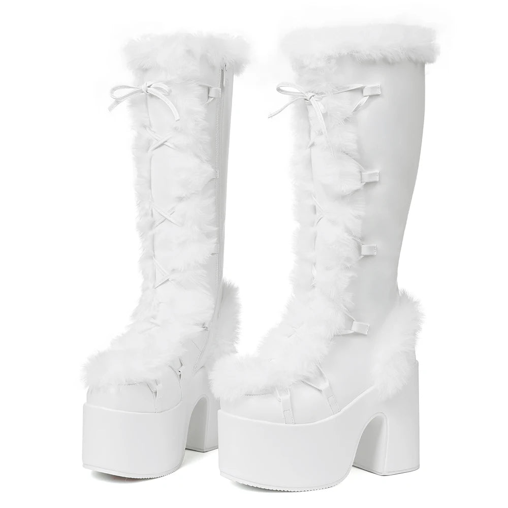 Women's Faux Fur Trim Platform Knee High Boots, Y2K Goth Lace Up Chunky Heel Tall Winter Boots, Suede Warm Cosplay Lolita Combat Snow Boots for Party Daily Wear