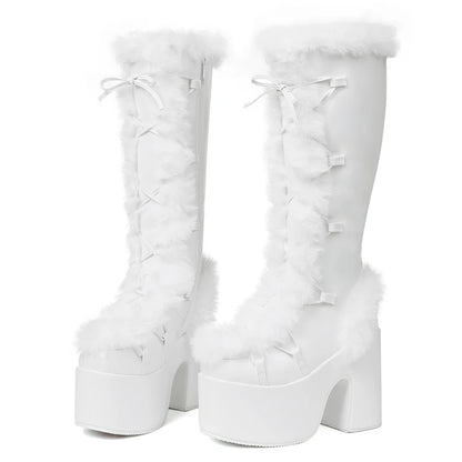 Women's Faux Fur Trim Platform Knee High Boots, Y2K Goth Lace Up Chunky Heel Tall Winter Boots, Suede Warm Cosplay Lolita Combat Snow Boots for Party Daily Wear